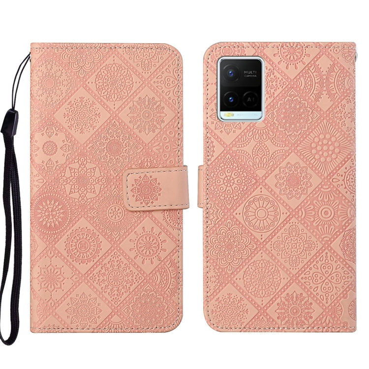 Ethnic embossed leather phone case, pink geometric design, magnetic flip cover with wrist strap