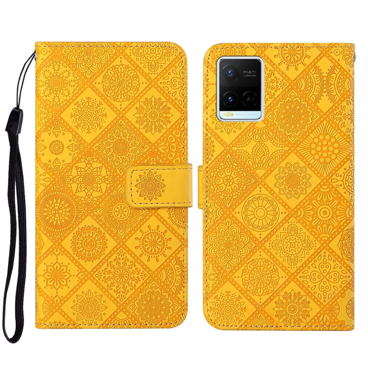 Yellow embossed pattern leather-style folio phone case with wrist strap; front flap and rear camera cutout