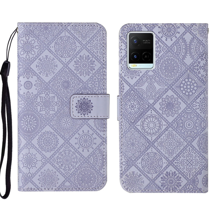 Purple embossed leather phone case with geometric floral pattern and wrist strap