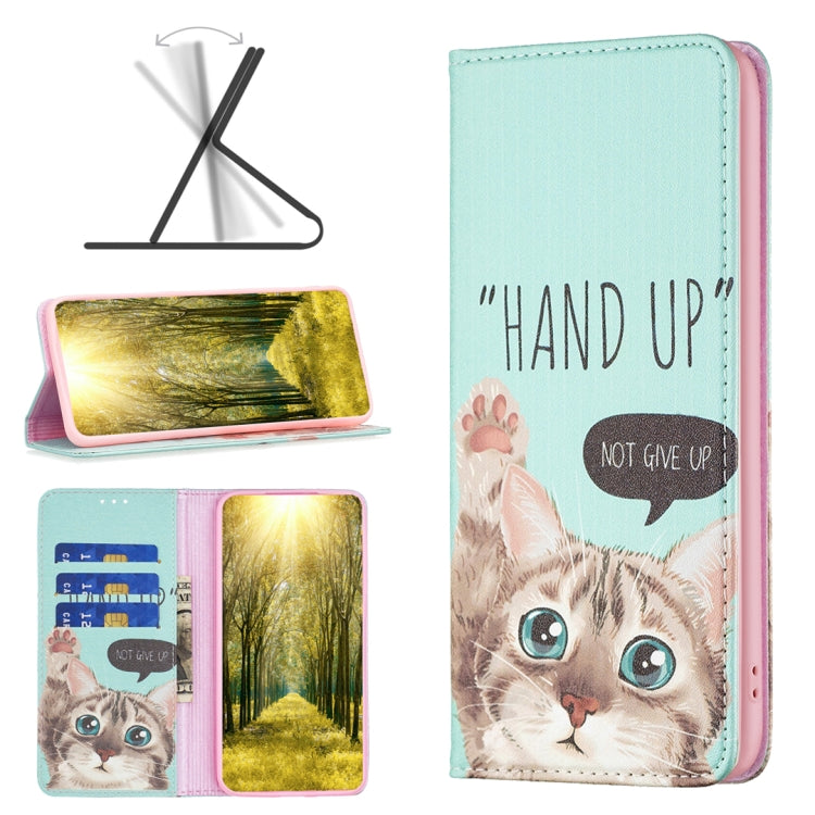 Teal magnetic leather phone case with cat illustration and 'HAND UP' text