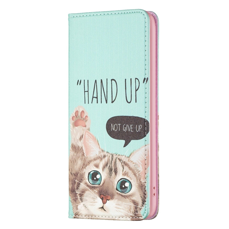Teal magnetic folio phone case with cat face and 'HAND UP' speech bubble
