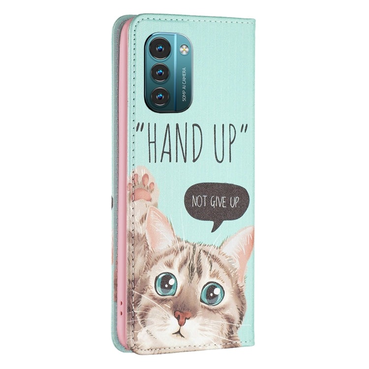 Teal magnetic leather phone case with cat 'HAND UP' and rear camera cutouts