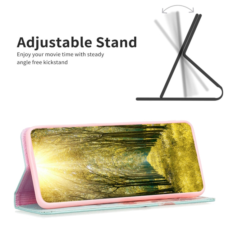 Magnetic leather phone case with forest path scene on flip cover