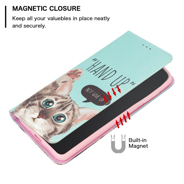 Teal magnetic leather phone case with cat 'HAND UP' and built-in magnet closure