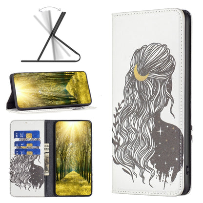White magnetic leather phone case with black woman silhouette hair design