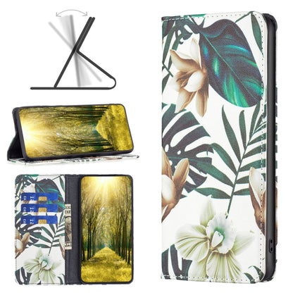 White magnetic leather phone case with tropical leaves and flower illustration