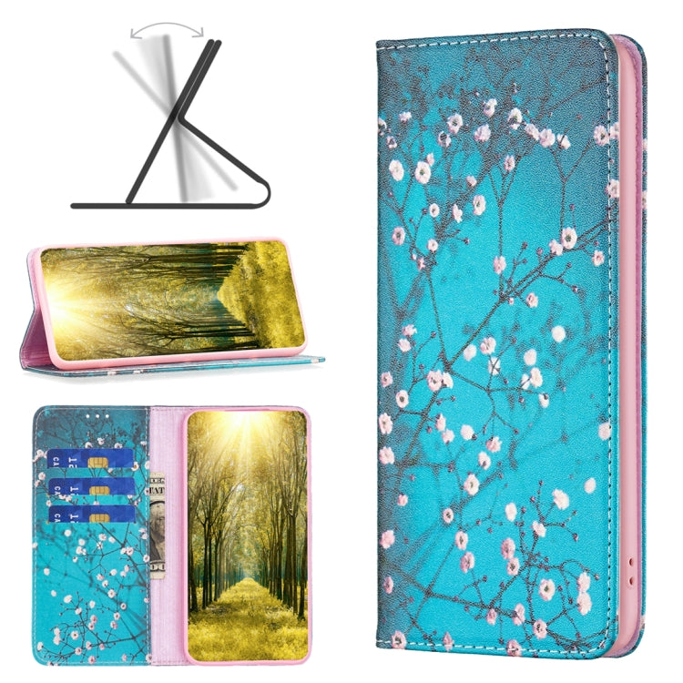 Magnetic leather phone case with blue cherry blossom branch print, pink edges