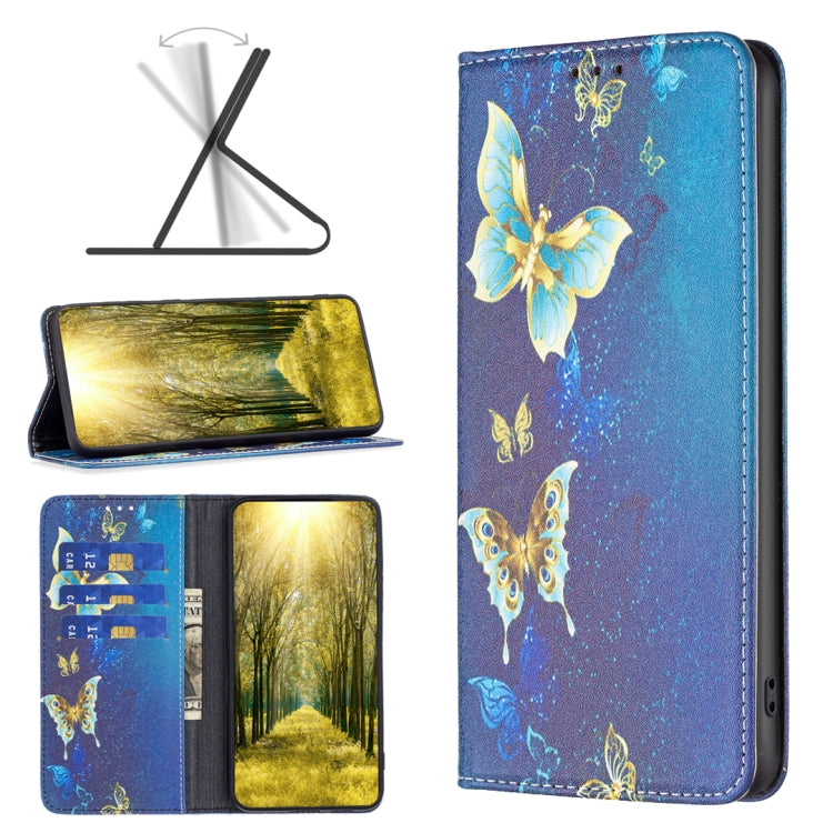 Magnetic leather phone case with blue background and gold butterfly pattern, stitched border