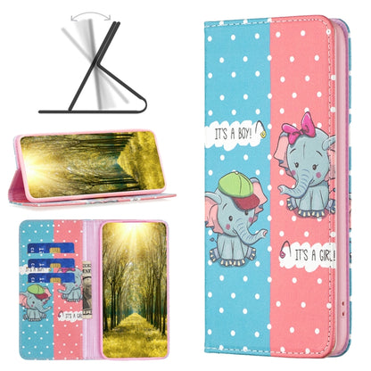Magnetic leather phone case with pink and blue dotted elephant cartoon, boy and girl text