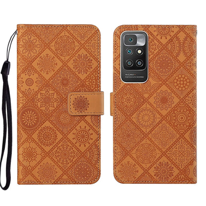 Ethnic embossed leather phone case with patterned front and rear, foldover flap and wrist strap