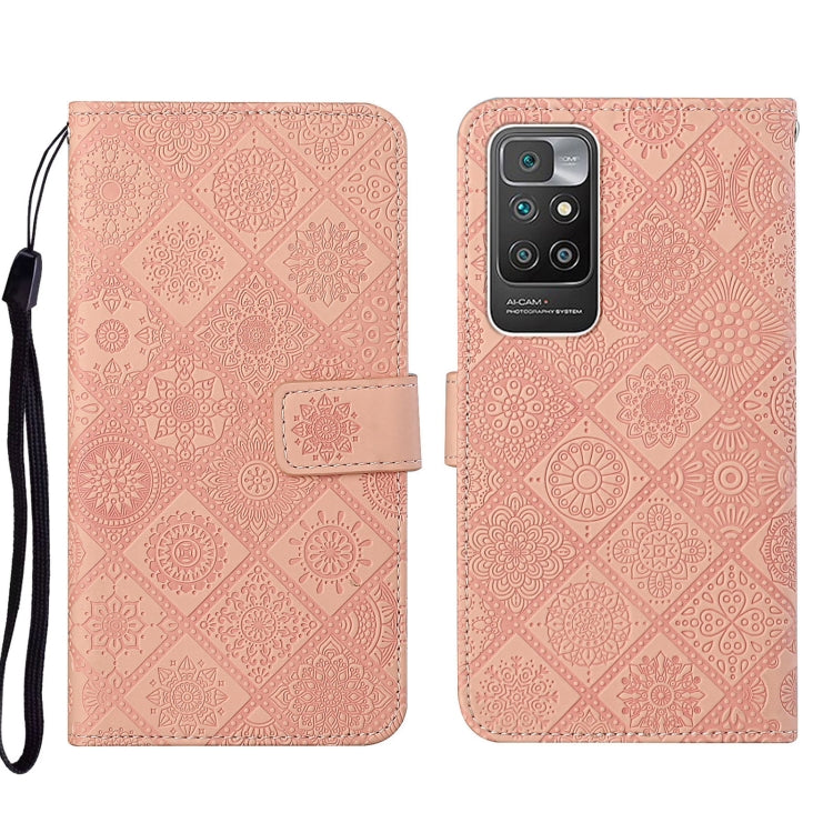 Light pink embossed geometric leather phone case with folio flap and wrist strap, camera cutout