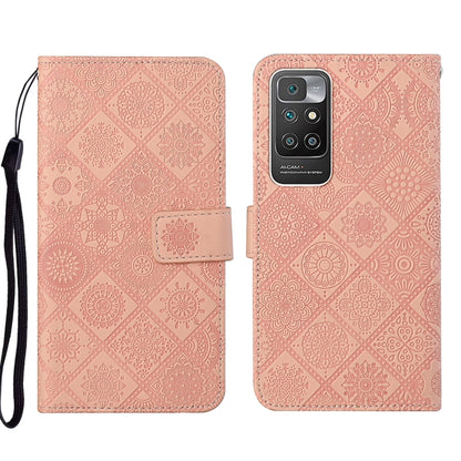 Light pink embossed geometric leather phone case with folio flap and wrist strap, camera cutout