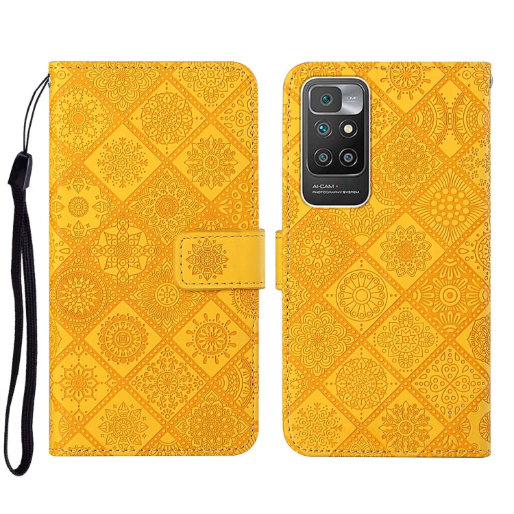 Yellow embossed leather wallet phone case with floral pattern and side wrist strap