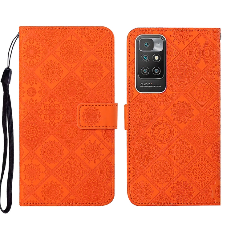 Folio leather phone case with embossed geometric pattern, orange, wrist strap
