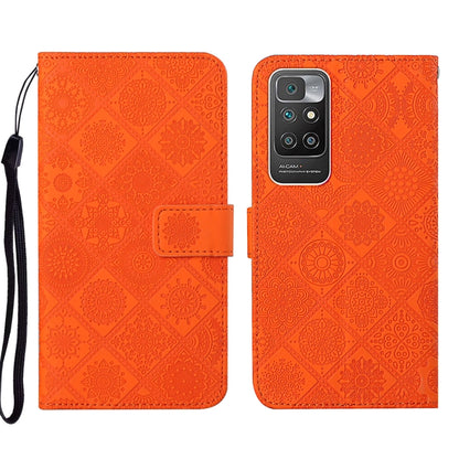 Folio leather phone case with embossed geometric pattern, orange, wrist strap