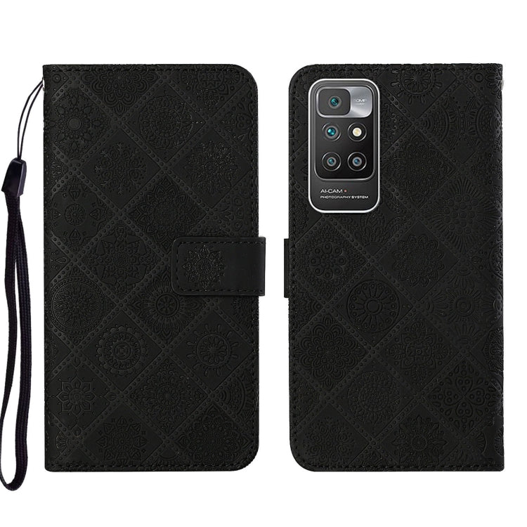 Black embossed leather phone case with folio flap, card slot, and wrist strap