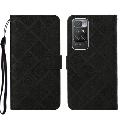 Black embossed leather phone case with folio flap, card slot, and wrist strap