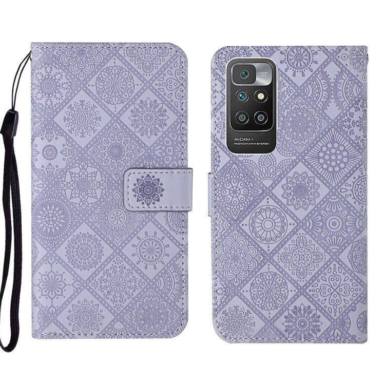 Purple embossed pattern leather folio phone case with wrist strap and camera cutout