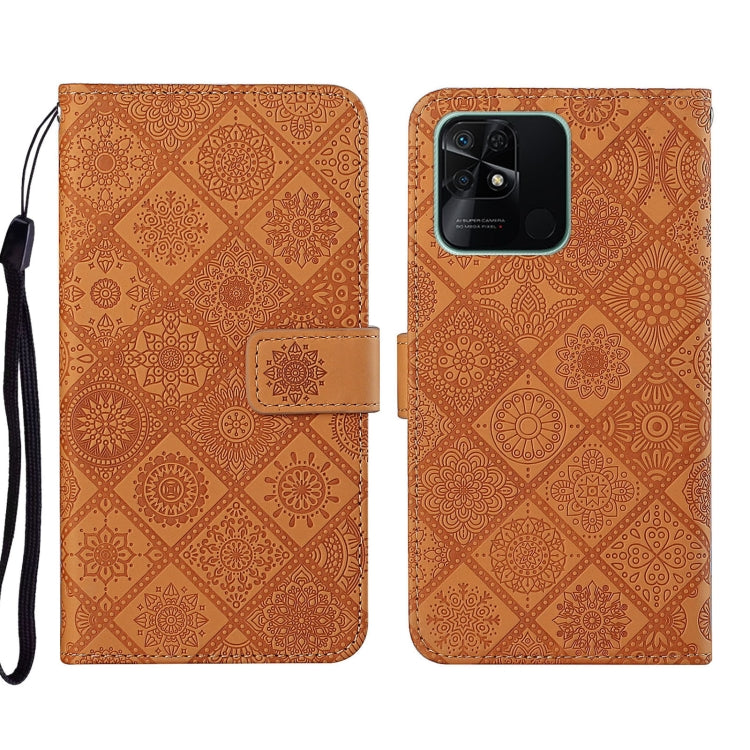 Ethnic embossed leather phone case with patterned front and rear, foldover flap and wrist strap