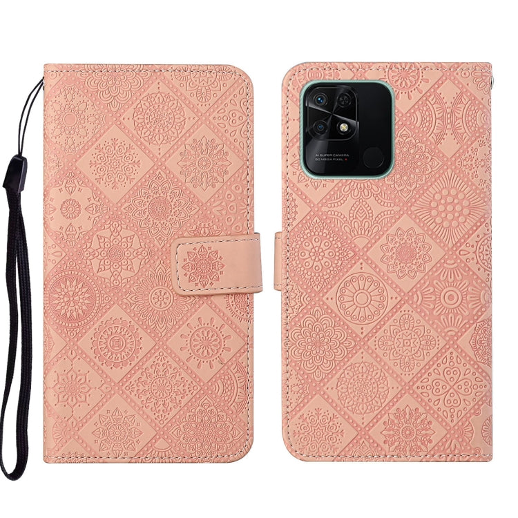 Soft pink embossed geometric leather phone case with folio flap and wrist strap, camera cutout