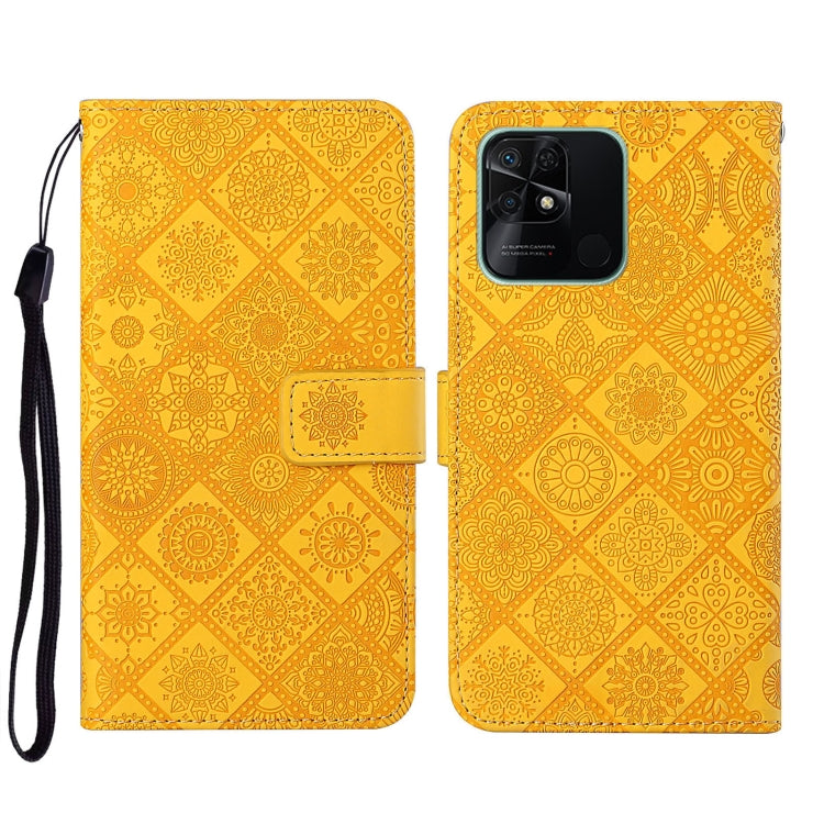 Yellow embossed leather wallet phone case with floral pattern and front flap