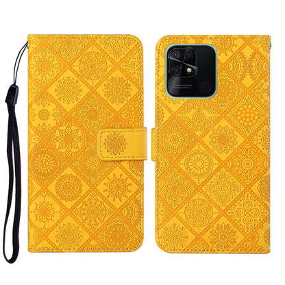 Yellow embossed leather wallet phone case with floral pattern and front flap