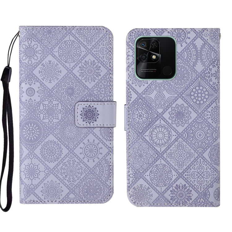 Purple embossed pattern leather folio phone case with wrist strap and front flap pocket