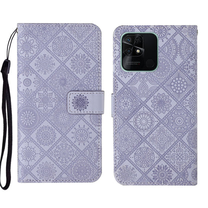 Purple embossed pattern leather folio phone case with wrist strap and front flap pocket
