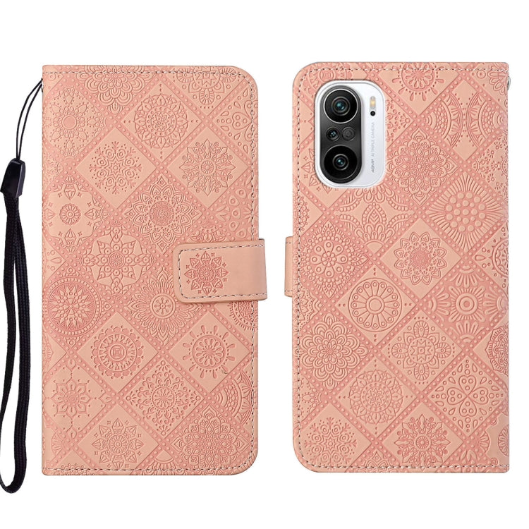 Dusty pink embossed geometric leather phone case with folio flap and wrist strap, camera cutout