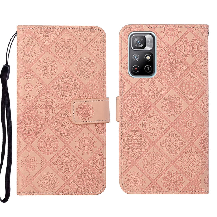 Rose pink embossed geometric leather phone case with folio flap and wrist strap, camera cutout