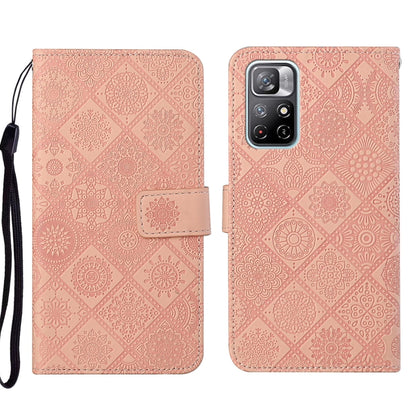 Rose pink embossed geometric leather phone case with folio flap and wrist strap, camera cutout