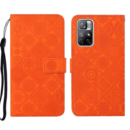 Folio leather phone case with embossed geometric pattern, orange, wrist strap