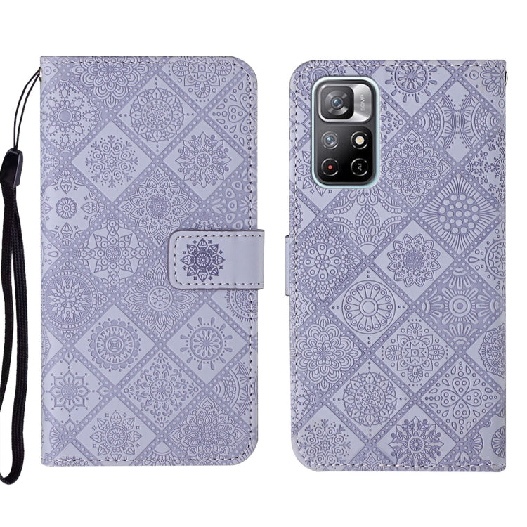 Purple embossed pattern leather folio phone case with wrist strap and front flap pocket