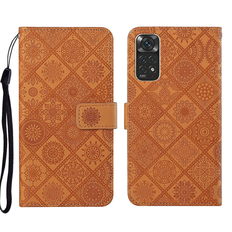 Brown embossed geometric leather phone case with folio flap and wrist strap, camera cutout