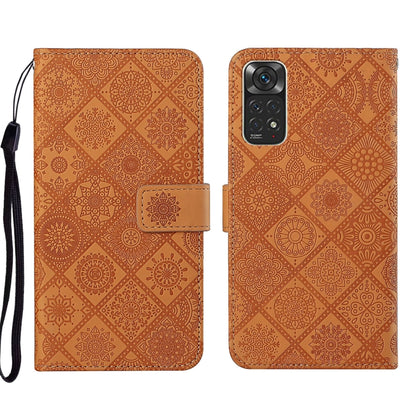 Brown embossed geometric leather phone case with folio flap and wrist strap, camera cutout