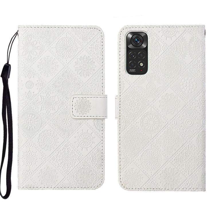 White embossed pattern leather folio phone case with wrist strap and magnetic flap