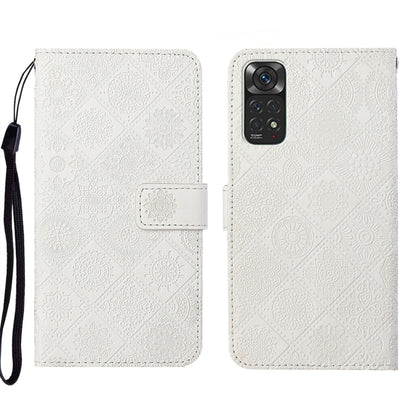 White embossed pattern leather folio phone case with wrist strap and magnetic flap