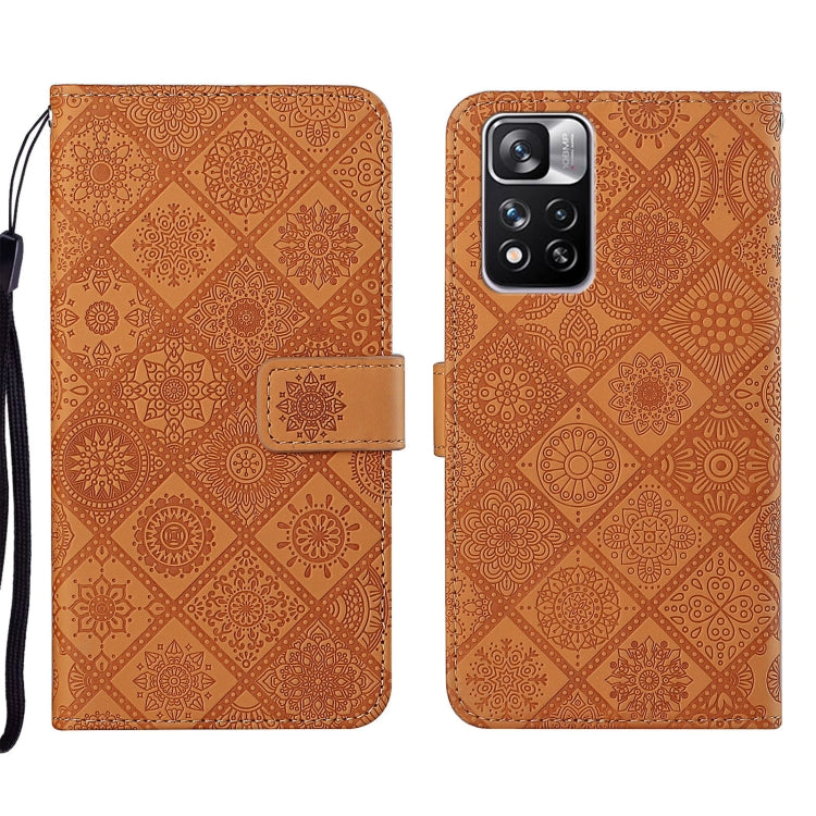 Caramel embossed geometric leather phone case with folio flap and wrist strap, camera cutout