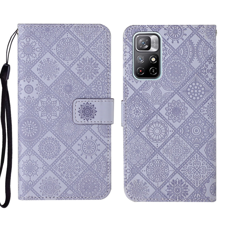 Lavender embossed geometric wallet phone case, showing cutouts and back camera window