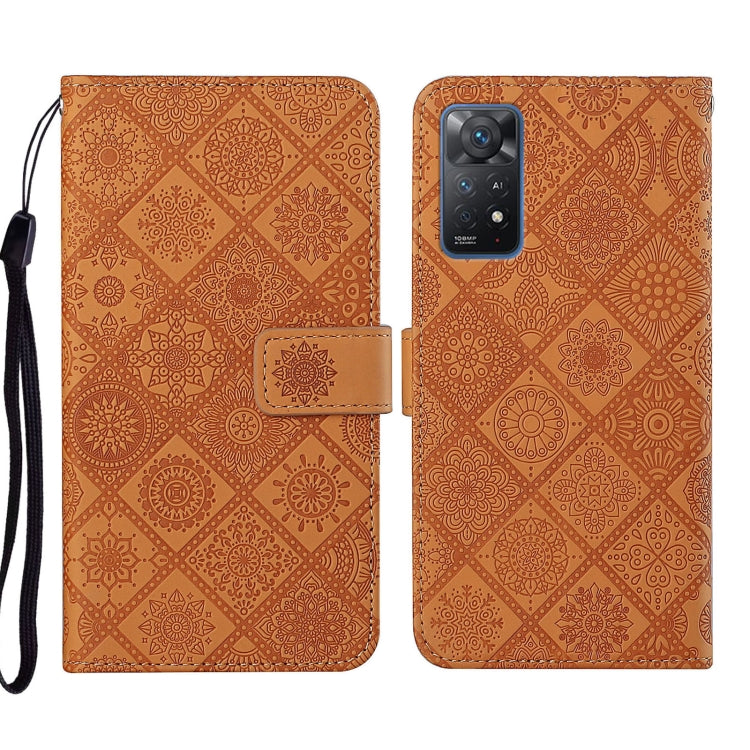 Orange-brown embossed geometric leather phone case with folio flap and wrist strap, camera cutout