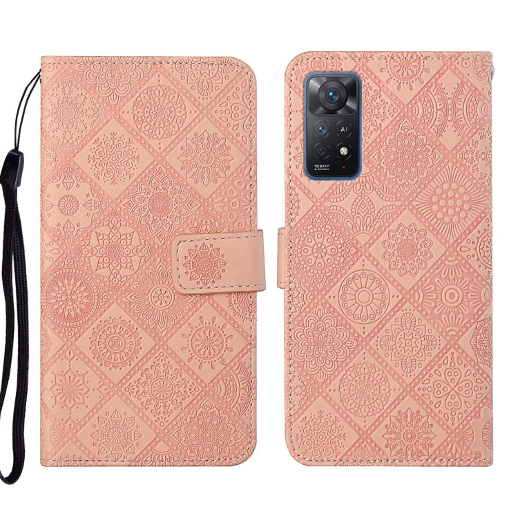 Pink embossed leather phone case with floral pattern and built-in stand strap