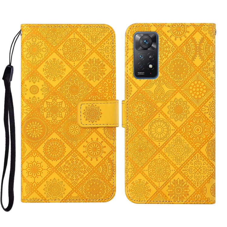 Folio leather phone case with embossed geometric pattern, yellow-gold, wrist strap