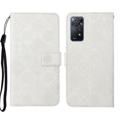 White embossed pattern leather folio phone case with wrist strap and front flap pocket