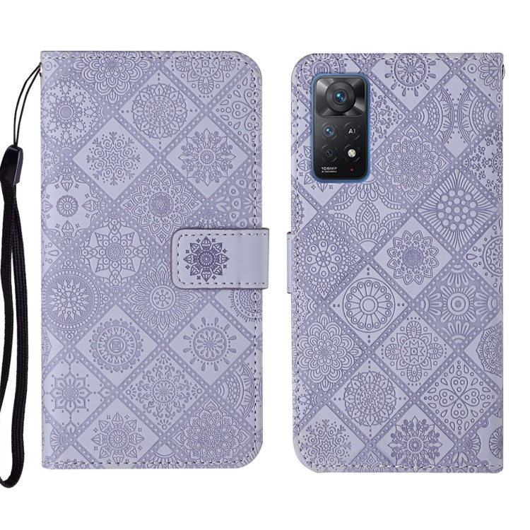 Lavender embossed geometric wallet phone case with fold-over flap and wrist strap, front view