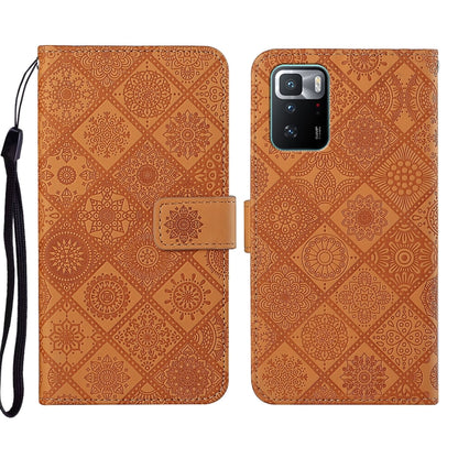 Warm brown embossed geometric leather phone case with folio flap and wrist strap, camera cutout