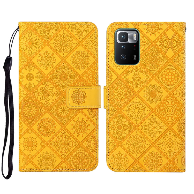 Folio leather phone case with embossed geometric pattern, yellow-gold, wrist strap