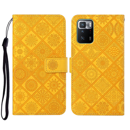 Folio leather phone case with embossed geometric pattern, yellow-gold, wrist strap