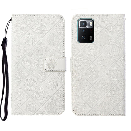 White embossed leather folio phone case with wrist strap, flap closure, camera opening