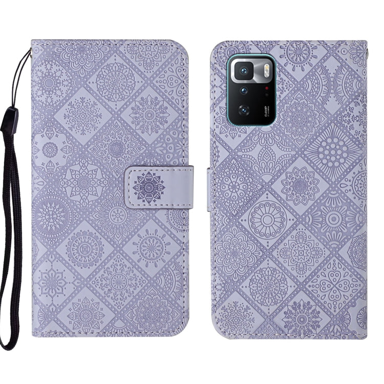 Lavender embossed geometric phone case with fold-over flap and camera cutout on back