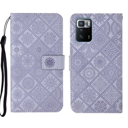 Lavender embossed geometric phone case with fold-over flap and camera cutout on back